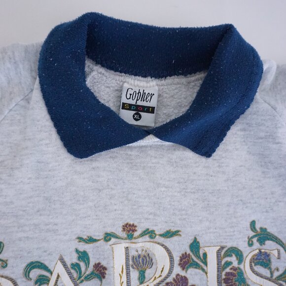 Vintage Gopher Sport Paris Sweatshirt Grey Blue Collar 90s Grandmacore French XL - Picture 10 of 10